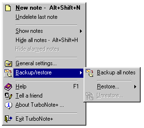 TurboNote+ main menu and backup/restore